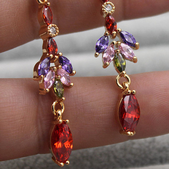 18K Yellow Gold Filled Diamond Marquise Zircon Leaf Dangle Earrings Multi Color - Picture 2 of 3